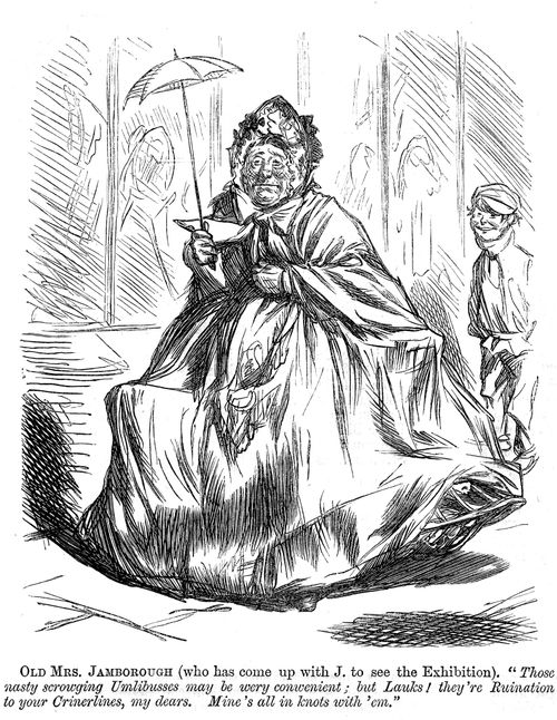 Lady visiting the 1862 International Exhibition fands that the omnibuses ruin her crinolines