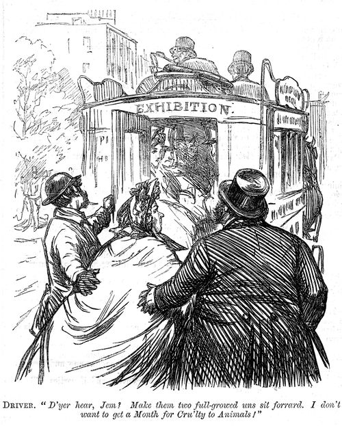 Conductor asks people to move so he can get a large lady on to the omnibus