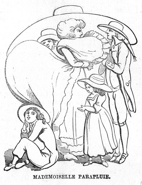 Family sheltering beneath a woman's hat and the protruding bust and rear of her dress