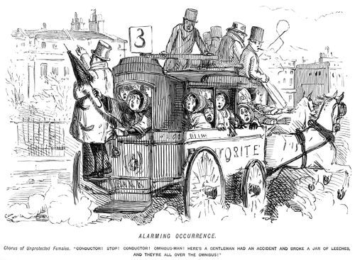 Women panicking on an omnibus because a jar of leeches has broken