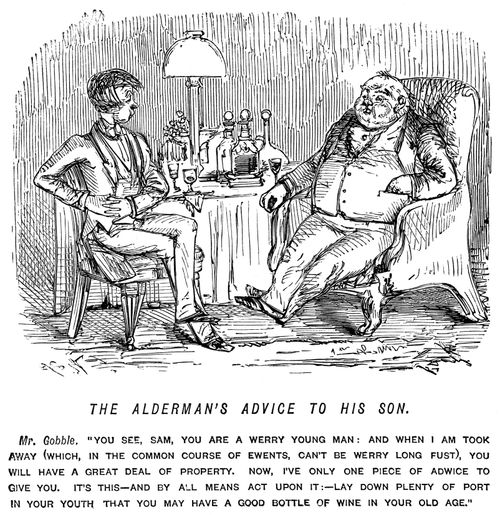 Alderman advising his son to put aside plenty of port in his youth