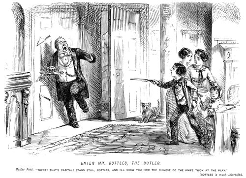 Boy throwing knives at the butler