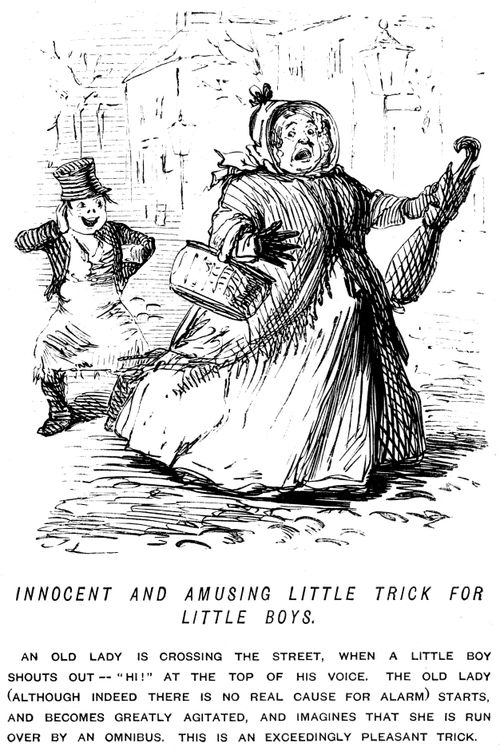 Boy shouting at and frightening an old lady