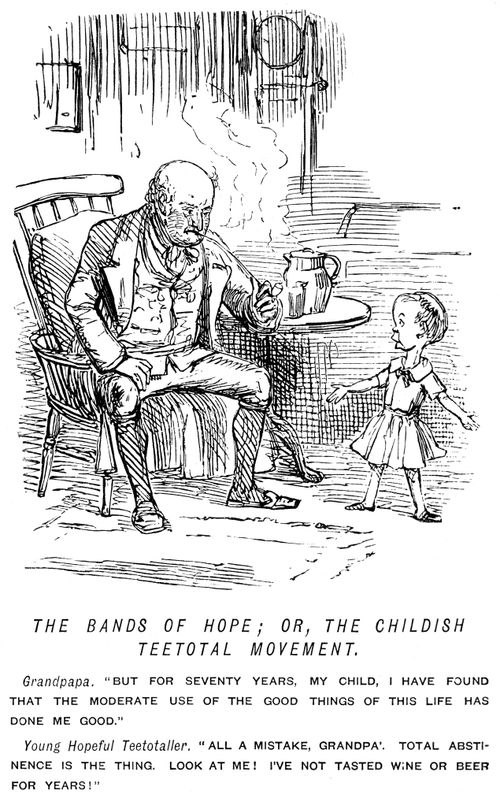 Small child advocating teetotalism to his grandfather