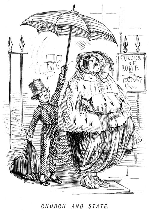 Porter holding an umbrella over an obese woman outside an 'Errors of Rome' lecture