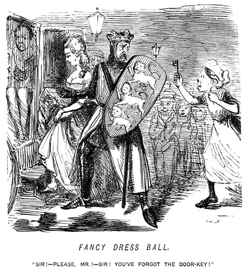 Servant running after a couple dressed up for a fancy ball with the door-key