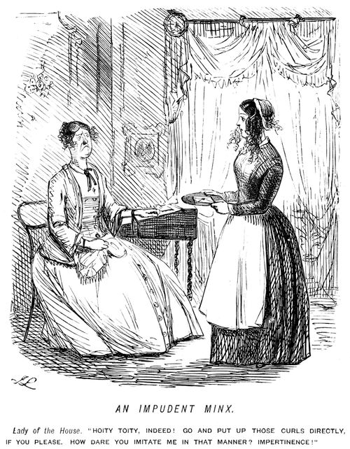 Old mistress accuses young servant girl of imitating her curled hair