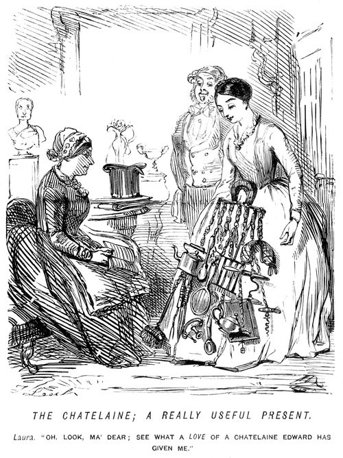Girl who has been bought an oversized chatelaine large household items hanging from it
