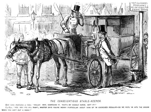 Gentleman recognises his own saddle horse being used to pull his carriage