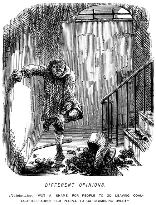 Burglar disgruntled at tripping over a coal scuttle