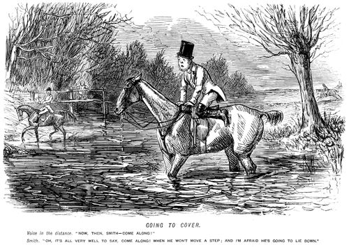 Huntsmen riding through a river