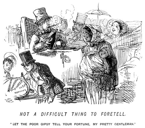 Gypsy wanting to tell the fortune of a man who is smoking and drinking