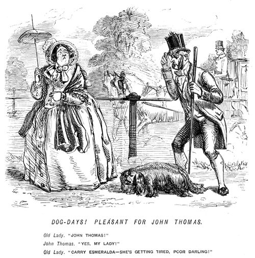 Lady asks footman to carry her dog as it is tired in the hot weather
