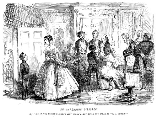 Boy ominously tells the lady of the house that the cook wants to speak to her when she has guests