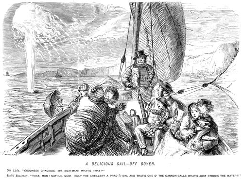 People being taken sailing are startled to find that the artillery are practising around them