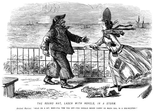 Mariner tells a lady with a high bonnet 'you should never carry so much sail in a sou-wester'