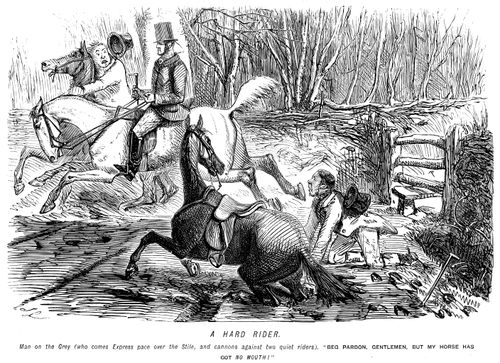 A hard rider jumps quickly over a stile and knocks down two quiet riders