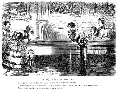 Young man and young lady talking flirtatiously over a game of billiards