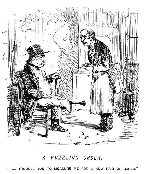 Man with a wooden leg asking to be measured for a pair of boots