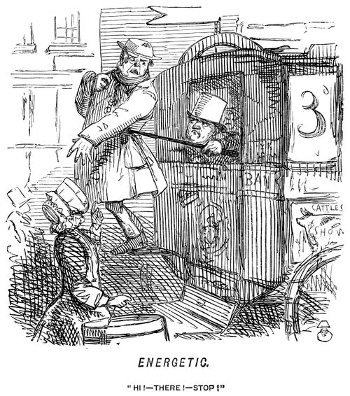 Man poking the conductor off the back of an omnibus