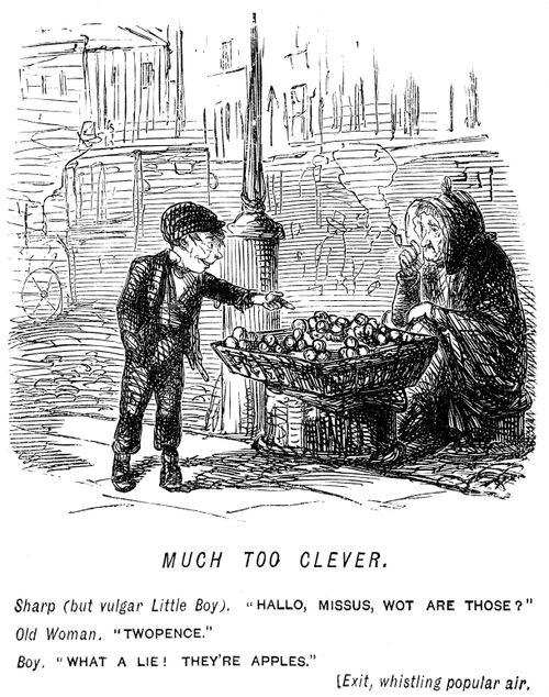 Boy being clever to a woman selling apples