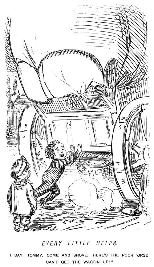 Small boy helping to push a wagon up a hill