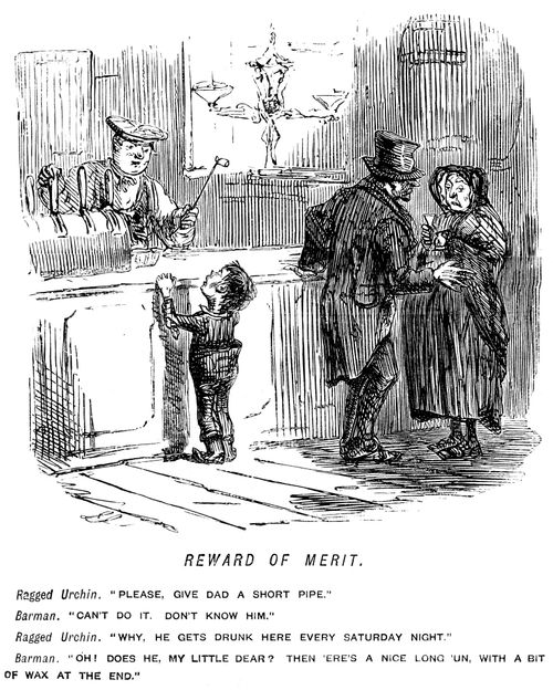 Barman giving a boy a pipe for his farther who drinks there every night