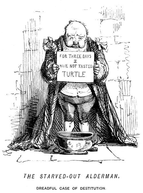 Alderman holding a sign reading 'For three days I have not tasted turtle'