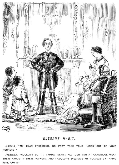 Young man standing with hands in pockets because it is the fashion at his college