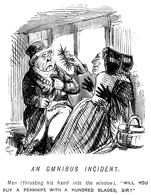Man trying to sell a penknife through an omnibus window