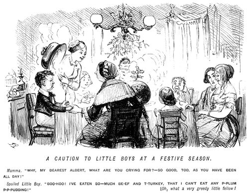 Little boy crying because has is too full for plum pudding