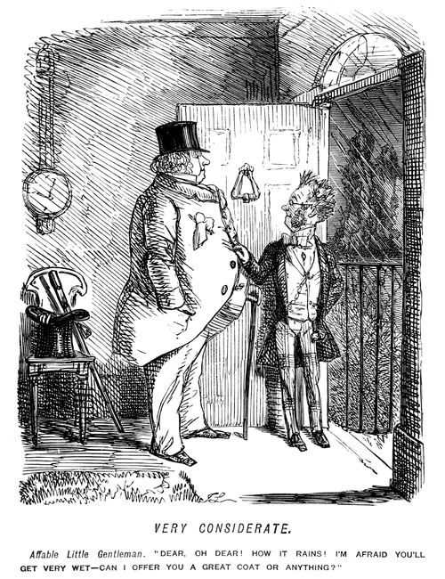 Small man offering a large man the loan of a coat