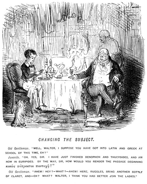 Man embarrassed by a schoolboy's superior knowledge of Greek