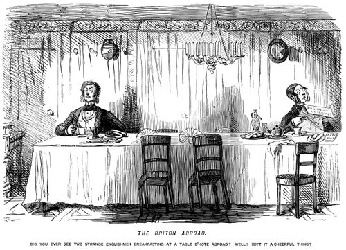 Two Englishmen breakfasting abroad, not speaking to one another