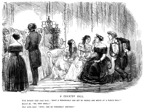 Peculiar looking group of people talk about how strange they think the other guests at a public ball are