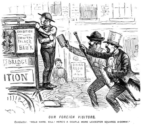 Omnibus conductor refering to foreign passengers as 'a couple more Leicester Squares'