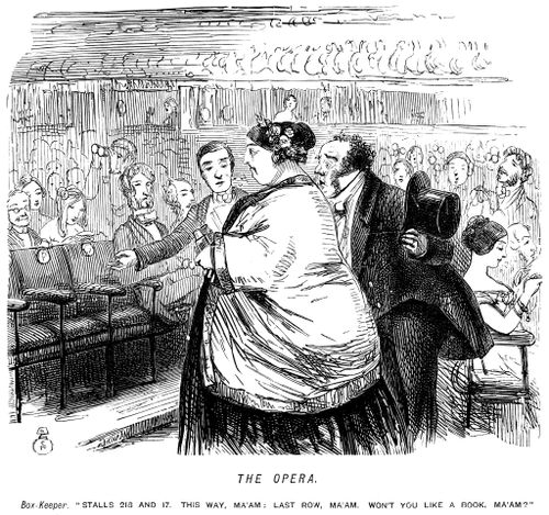 Large lady being shown to small seats at the opera.