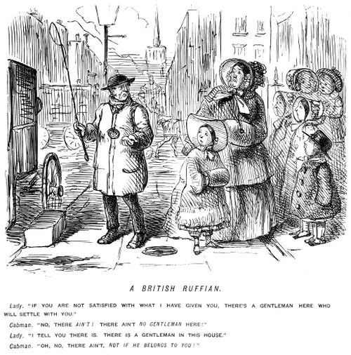 Cabman, unhappy with his fare, accuses a lady's husband of not being a gentleman