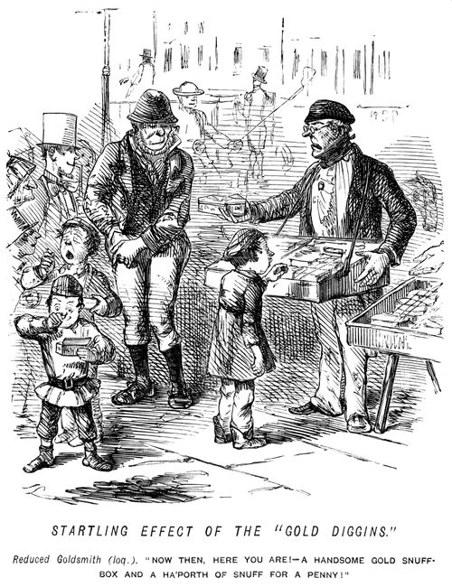 Startling effect of the 'gold diggins.' - reduced goldsmith selling gold tins very cheaply