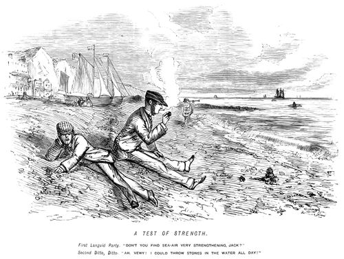 Two men sitting languidly, discussing the strengthening properties of sea air