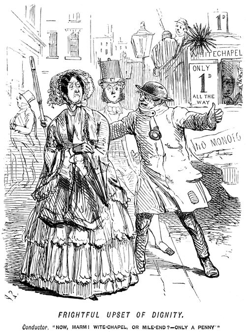 Conductor asking a lady to get on an omnibus