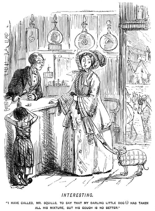 Lady taking her little dog to the chemist with a cough