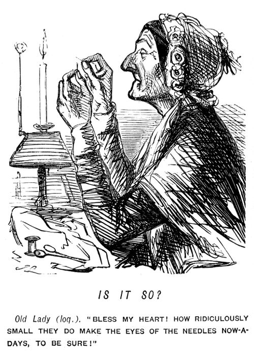Old lady threading a needle - thinks they make the eyes smaller than they used to