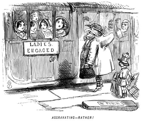 Mr Punch looking at an 'engaged' sign on a ladies' train carriage
