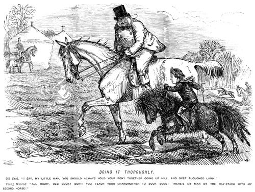 Old gent advising a young boy not to gallop up a hill - Boy spurns advice and says he has a second horse waiting at the top
