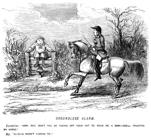 Rider tells boy not to take of his hat and boy because it will frighten his horse. Boy replies that he wasn't going to.