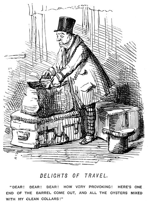 A barrel breaks in a man's luggage and he gets oysters over his clean clothes
