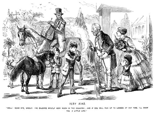 Boy smoking a cigar tells his uncle he enjoyed his stay in the country and will show him 'a little life' if he comes to London
