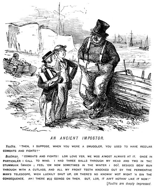 Old boatmen impressing children with made up stories about having been a smuggler
