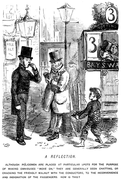 Policeman talking and being friendly with a conductor instead of moving the omnibus along
